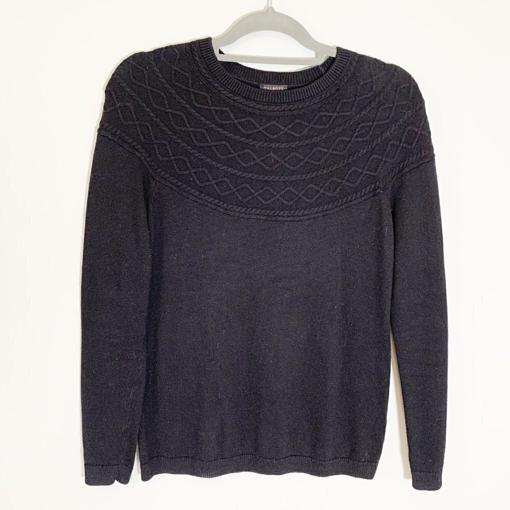 Talbots Sweater Women Small Petite Black Cable Knit Yoke‎ Cotton Cashmere Blend